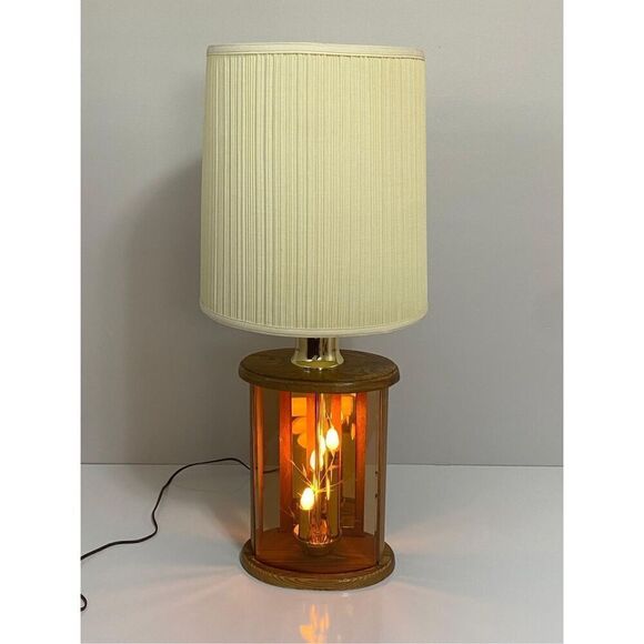 Vintage Mid-century Smoked Glass and Wood 3 Way Table Lamp 27in H - Picture 3 of 12